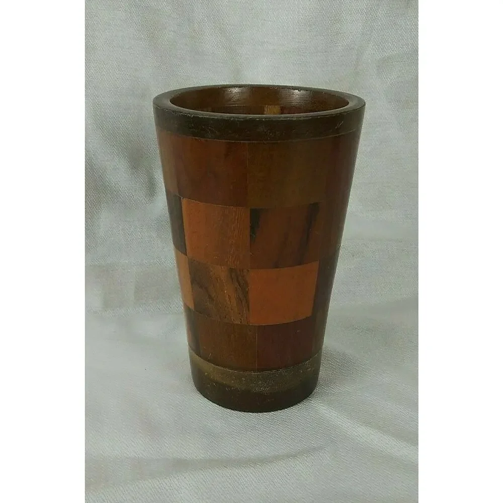 Handmade Wood Checkerboard Pattern Drinking Cup